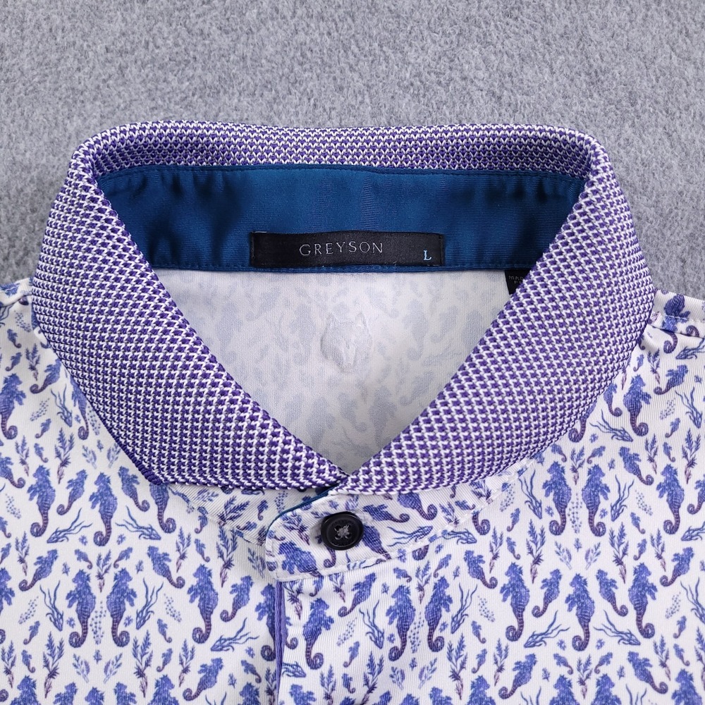 Greyson Polo Shirt Mens L Robert Trent Jones Blue White Ocean Curiosities Golf - Picture 2 of 10